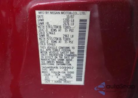 2008 Nissan Xterra X z USA, uszkodzony, nr VIN 5N1AN08U48C509902